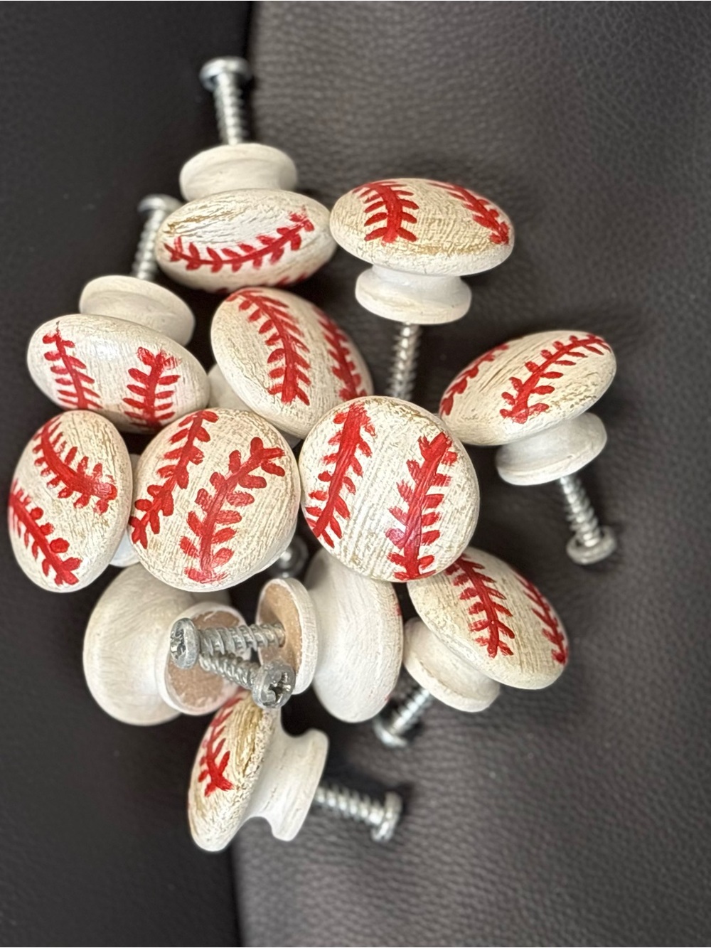 12pk Baseball Novelty Round Wood Cabinet Knobs White/Red 1.25in w/ Screws